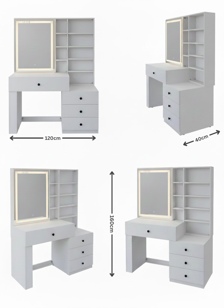 تسريحة رويال شيلف بمرآة LED ووحدة رفوف + 4 أدراج
