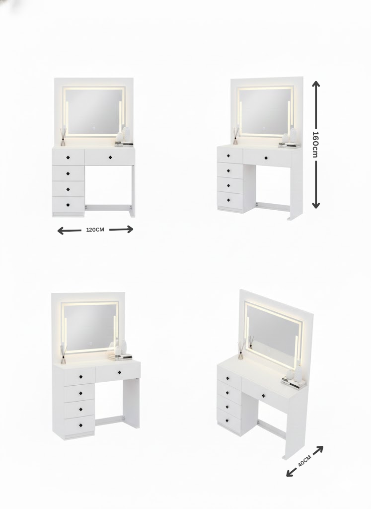 تسريحة هوليوود بمرآة LED و5 أدراج