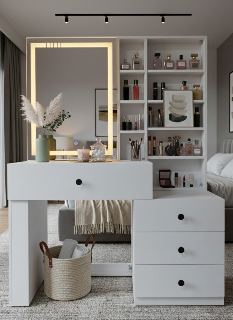 تسريحة رويال شيلف بمرآة LED ووحدة رفوف + 4 أدراج