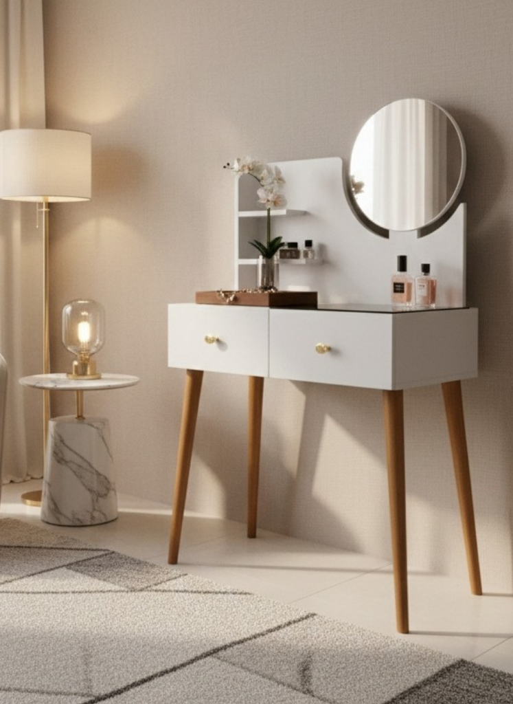 تسريحة إليجانس بمرآة دائرية ورفوف