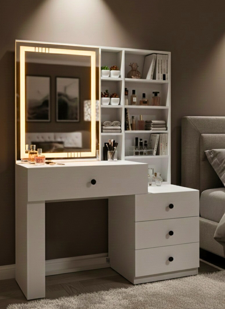 تسريحة رويال شيلف بمرآة LED ووحدة رفوف + 4 أدراج