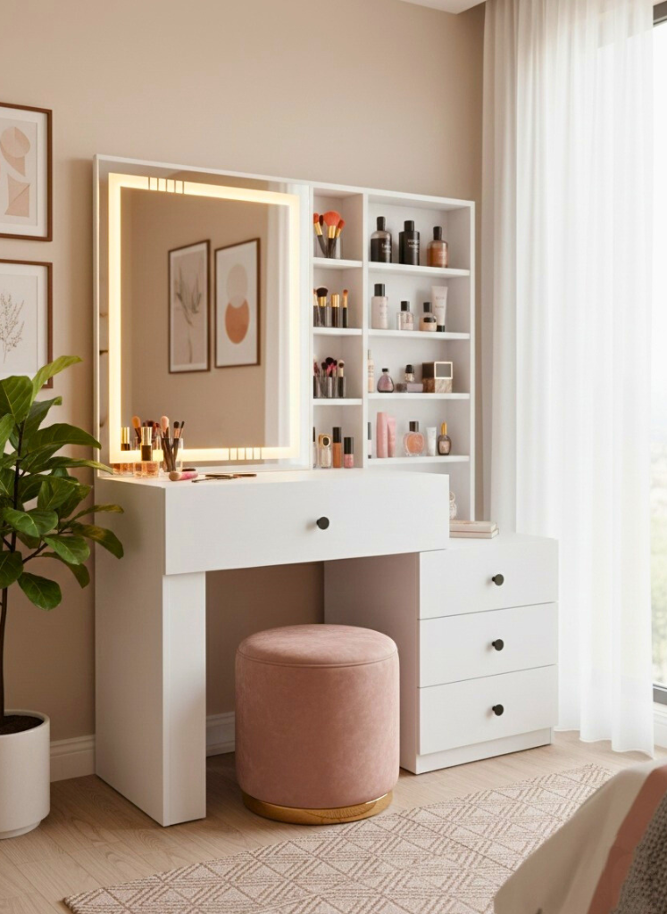 تسريحة رويال شيلف بمرآة LED ووحدة رفوف + 4 أدراج